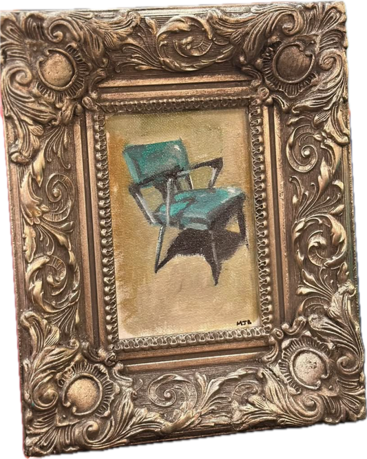 Oil painting of mid-century chair in ornate frame