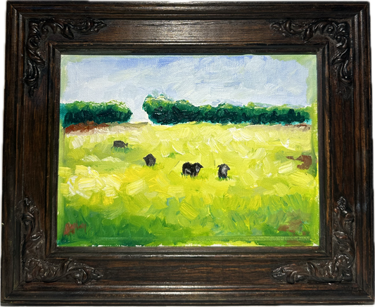 10.5”x8.75” Original oil pastoral scene with cows